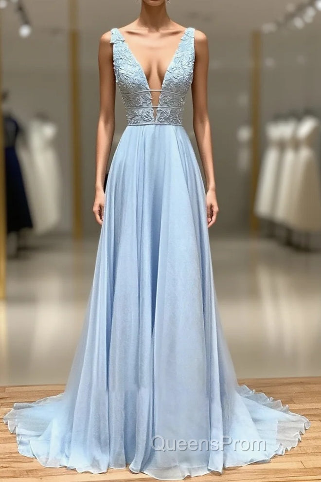 A Line Plunge V Neck Lace Chiffon Evening Prom Dress