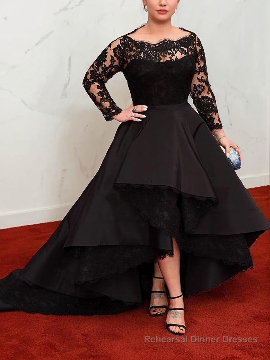 A-Line/Princess Bateau Asymmetrical Satin Prom Dresses With Appliques Lace Main image