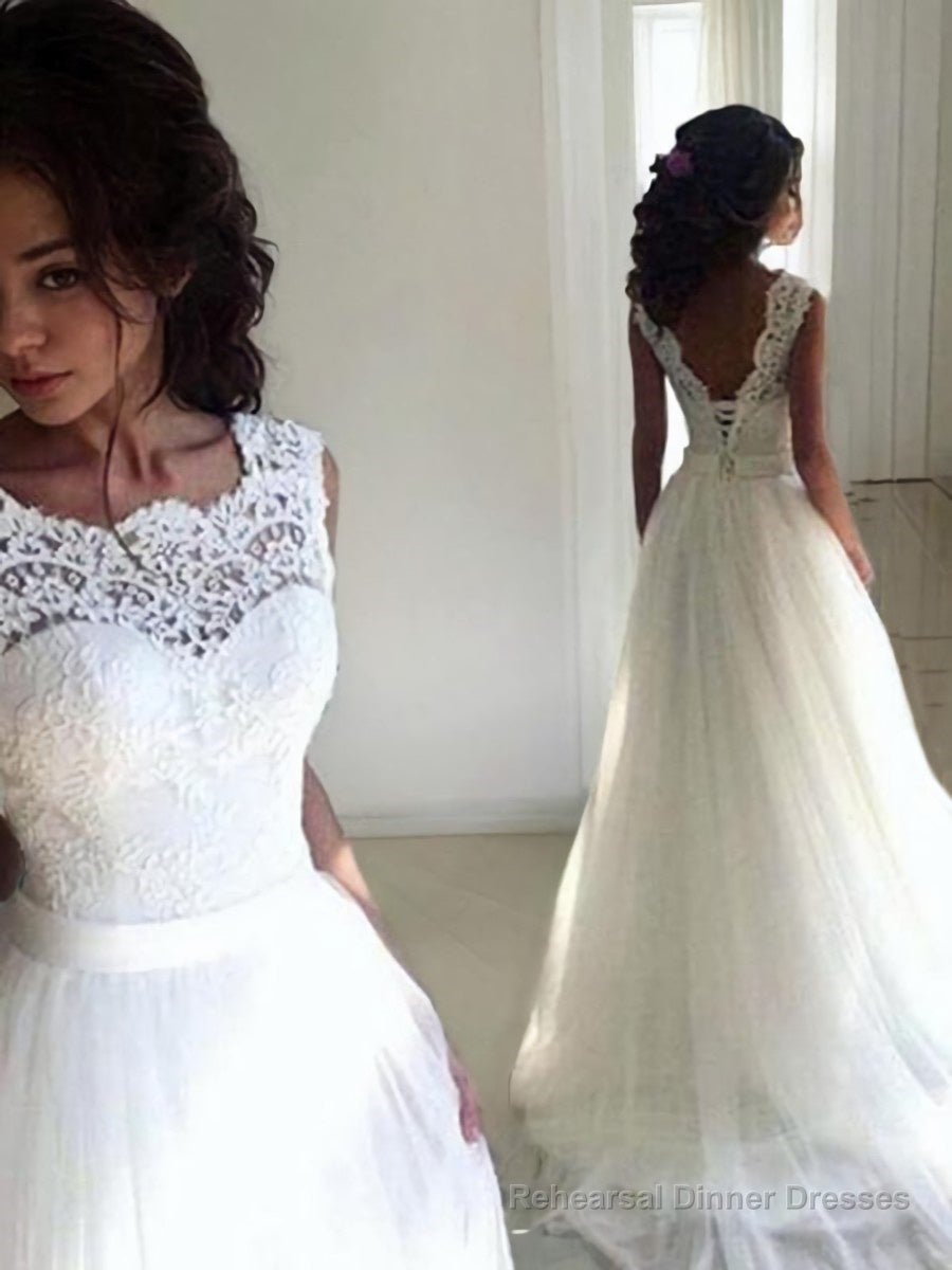 A-Line/Princess Bateau Sweep Train Tulle Wedding Dresses With Belt/Sash Main image