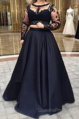 A-Line/Princess Full/Long Sleeve Bateau Long/Floor-Length Satin Evening Prom Dress With Appliqued