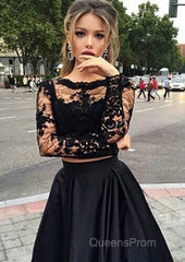 A-Line/Princess Full/Long Sleeve Bateau Long/Floor-Length Satin Evening Prom Dress With Appliqued
