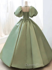 A-Line Princess Green Satin Puffy Sleeves Long Formal Dress Satin Evening Prom Dress Party Dress