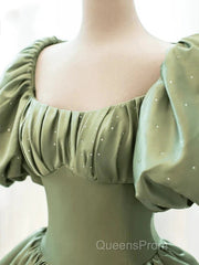 A-Line Princess Green Satin Puffy Sleeves Long Formal Dress Satin Evening Prom Dress Party Dress