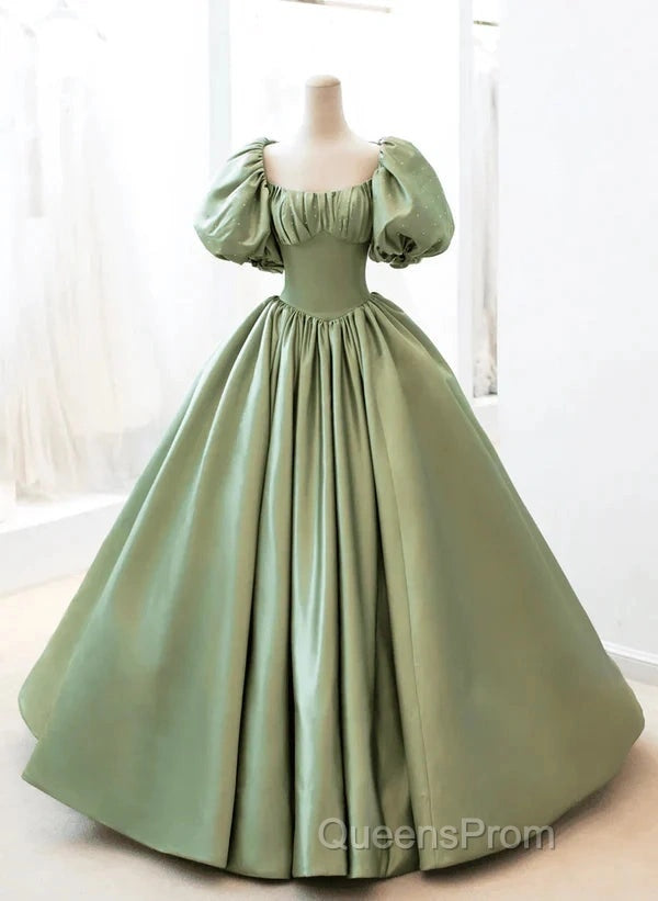 A-Line Princess Green Satin Puffy Sleeves Long Formal Dress Satin Evening Prom Dress Party Dress