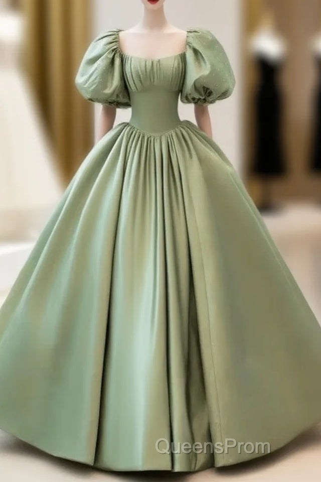 A-Line Princess Green Satin Puffy Sleeves Long Formal Dress Satin Evening Prom Dress Party Dress Main image