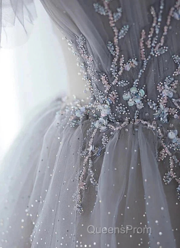 A-Line Princess Grey Beaded Layers Glitter Tulle Long Formal Dress Off Shoulder Evening Prom Dress Secondary image