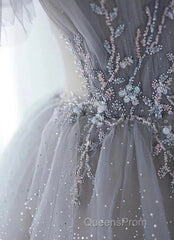 A-Line Princess Grey Beaded Layers Glitter Tulle Long Formal Dress Off Shoulder Evening Prom Dress