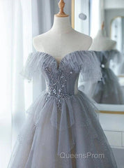 A-Line Princess Grey Beaded Layers Glitter Tulle Long Formal Dress Off Shoulder Evening Prom Dress