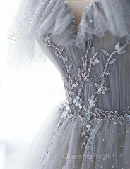 A-Line Princess Grey Beaded Layers Glitter Tulle Long Formal Dress Off Shoulder Evening Prom Dress