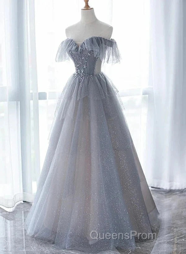 A-Line Princess Grey Beaded Layers Glitter Tulle Long Formal Dress Off Shoulder Evening Prom Dress