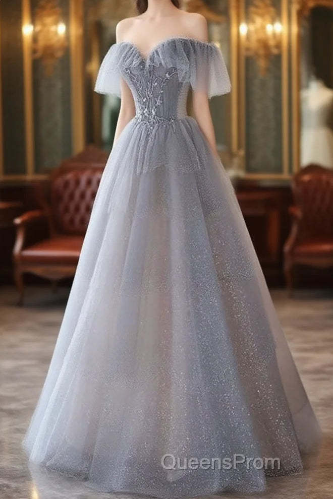 A-Line Princess Grey Beaded Layers Glitter Tulle Long Formal Dress Off Shoulder Evening Prom Dress Main image