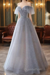 A-Line Princess Grey Beaded Layers Glitter Tulle Long Formal Dress Off Shoulder Evening Prom Dress