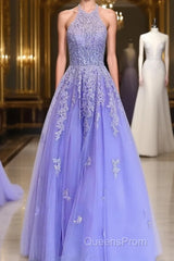 A-Line/Princess Halter Floor-Length Tulle Evening Dress With Appliques Lace