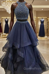 A-Line/Princess Halter Floor-Length Tulle Evening Prom Dress