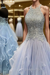 A-Line/Princess Halter Floor-Length Tulle Evening Prom Dress With Appliques Lace