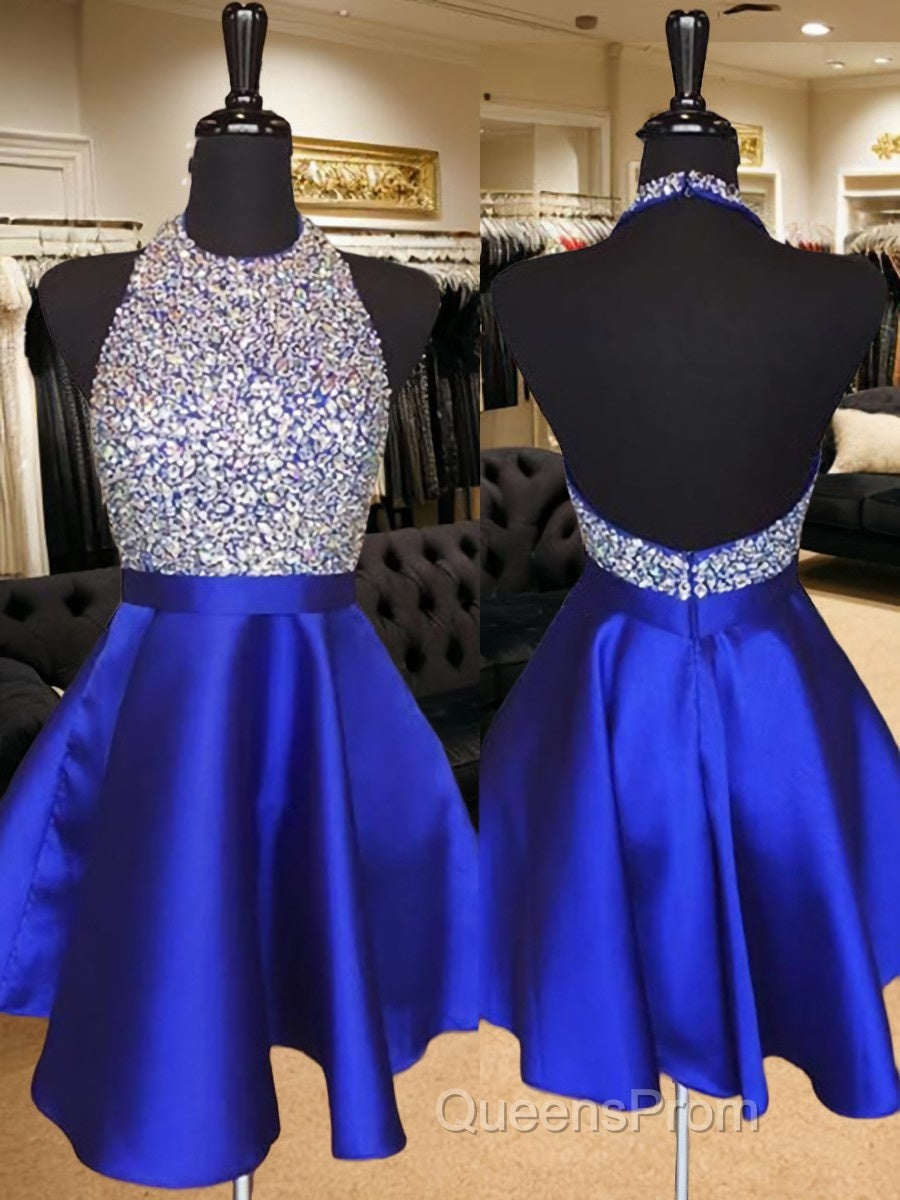A-Line/Princess Halter Short/Mini Satin Homecoming Dress With Beading