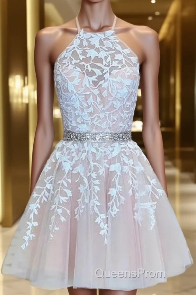 A-Line/Princess Halter Short/Mini Tulle Homecoming Dress With Appliques Lace Main image