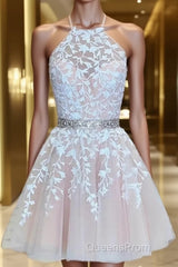 A-Line/Princess Halter Short/Mini Tulle Homecoming Dress With Appliques Lace