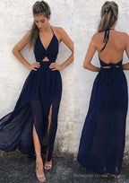 A-line/Princess Halter Sleeveless Ankle-Length Chiffon Prom Dresses With Split