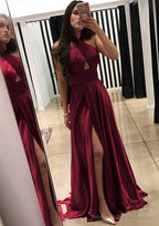 A-line/Princess Halter Sleeveless Sweep Train Charmeuse Prom Dresses With Split