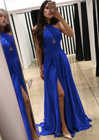 A-line/Princess Halter Sleeveless Sweep Train Charmeuse Prom Dresses With Split
