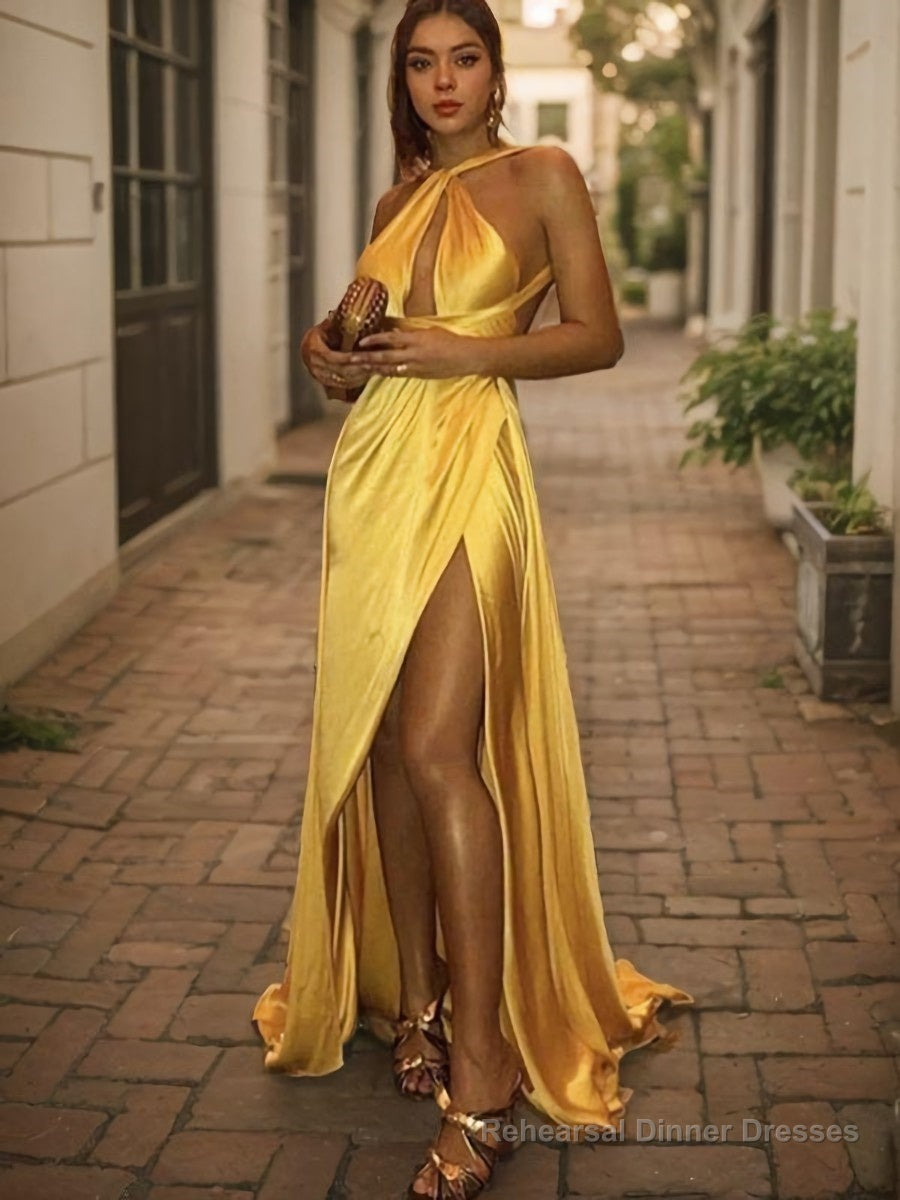 A-Line/Princess Halter Sweep Train Silk like Satin Prom Dresses With Leg Slit Main image