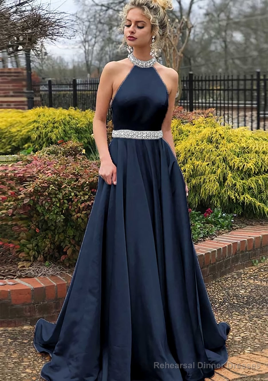 A-line/Princess High-Neck Sleeveless Sweep Train Satin Prom Dresses With Waistband Beading