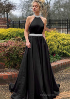A-line/Princess High-Neck Sleeveless Sweep Train Satin Prom Dresses With Waistband Beading