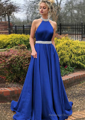 A-line/Princess High-Neck Sleeveless Sweep Train Satin Prom Dresses With Waistband Beading