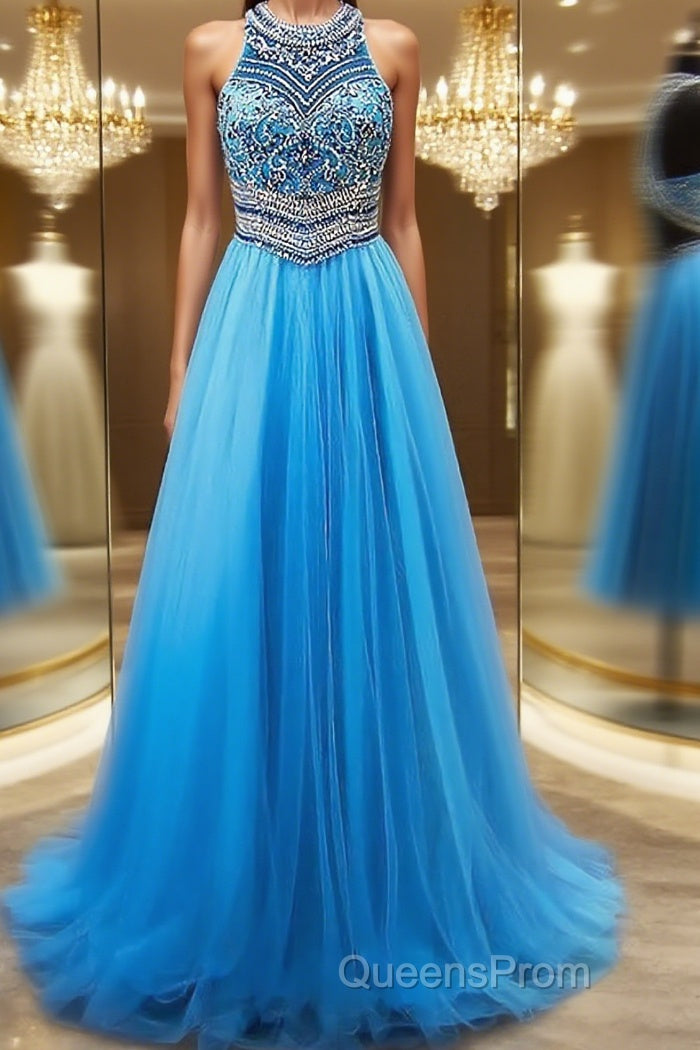 A-Line/Princess Jewel Sweep Train Tulle Evening Dress With Beading Main image