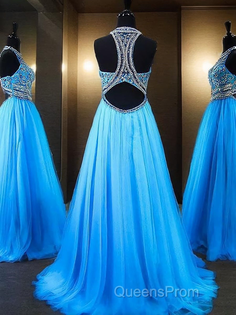 A-Line/Princess Jewel Sweep Train Tulle Evening Dress With Beading Secondary image