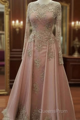 A-Line/Princess Long Sleeves Scoop Floor-Length Applique Tulle Muslim Dress
