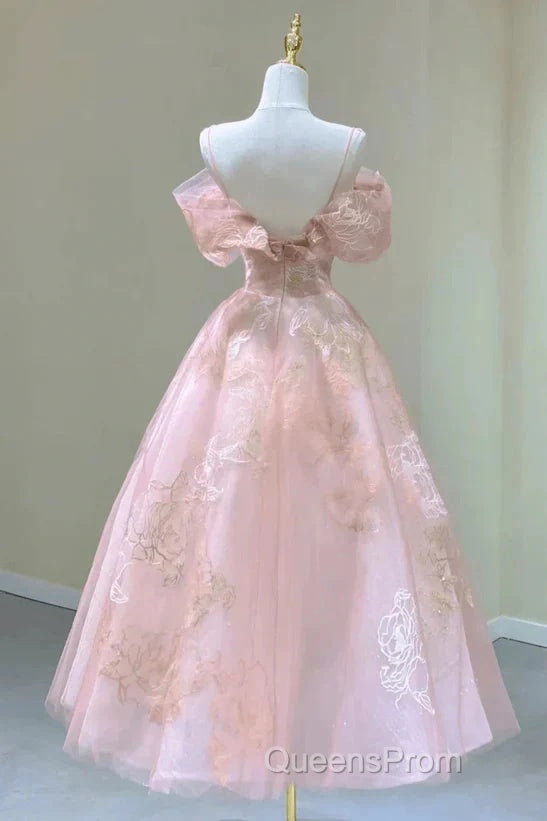 A-Line Princess Lovely Pink Tea Length Straps Tulle Formal Dress Evening Prom Dress Secondary image