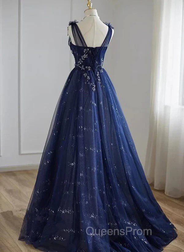 A-Line Princess Navy Blue Tulle Beaded V-neckline Party Dress Shiny Tulle Evening Prom Dress