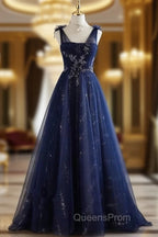 A-Line Princess Navy Blue Tulle Beaded V-neckline Party Dress Shiny Tulle Evening Prom Dress