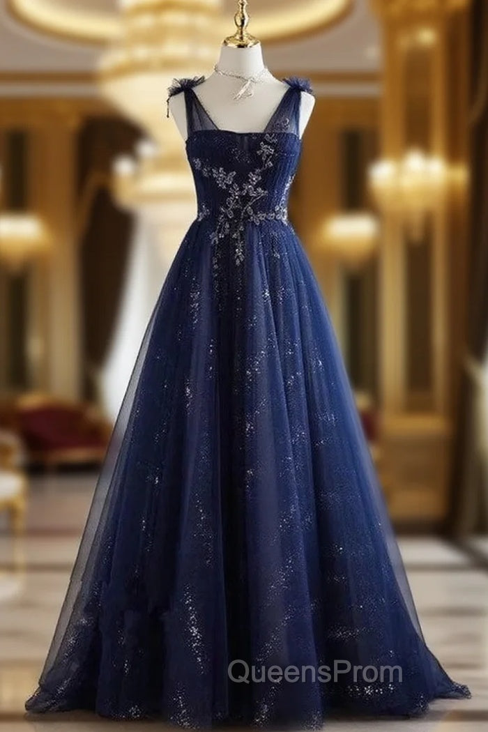 A-Line Princess Navy Blue Tulle Beaded V-neckline Party Dress Shiny Tulle Evening Prom Dress