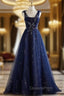 A-Line Princess Navy Blue Tulle Beaded V-neckline Party Dress Shiny Tulle Evening Prom Dress