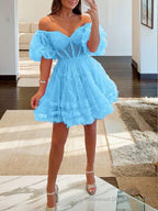 A-Line/Princess Off-the-Shoulder Corset Short/Mini Tulle Homecoming Dresses With Ruffles