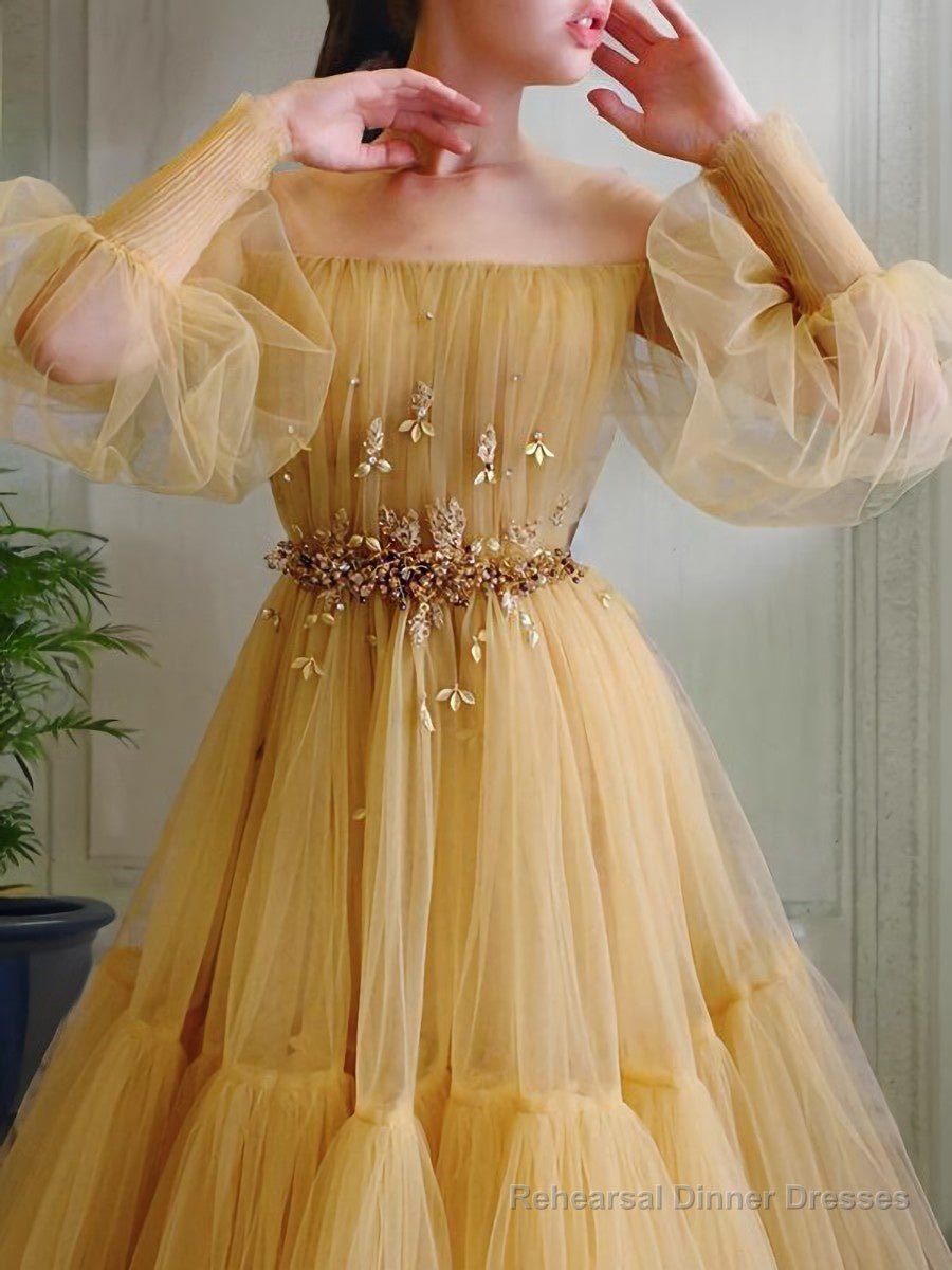 A-Line/Princess Off-the-Shoulder Floor-Length Tulle Prom Dresses With Beading Secondary image
