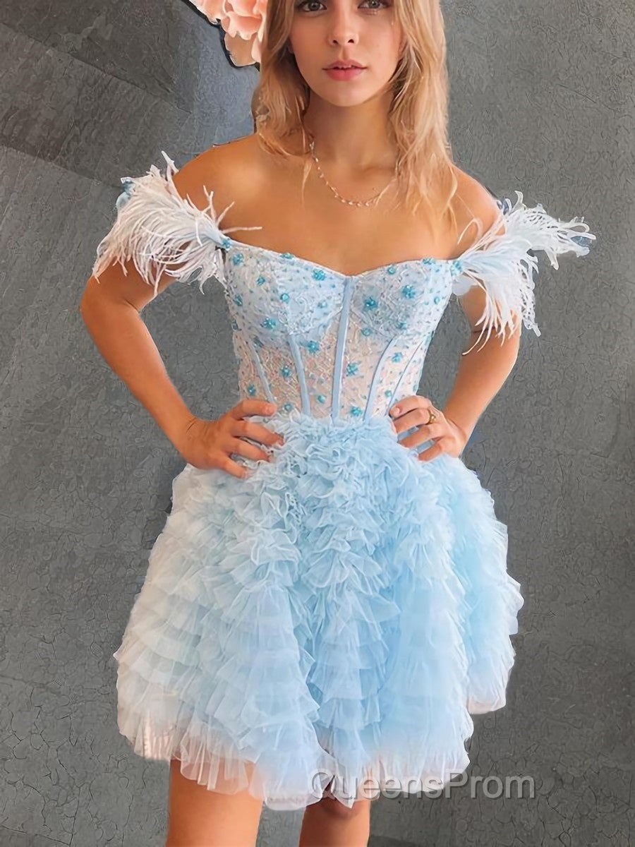 A-line/Princess Off-the-Shoulder Knee-Length Tulle Homecoming Dress with Cascading Ruffles Secondary image
