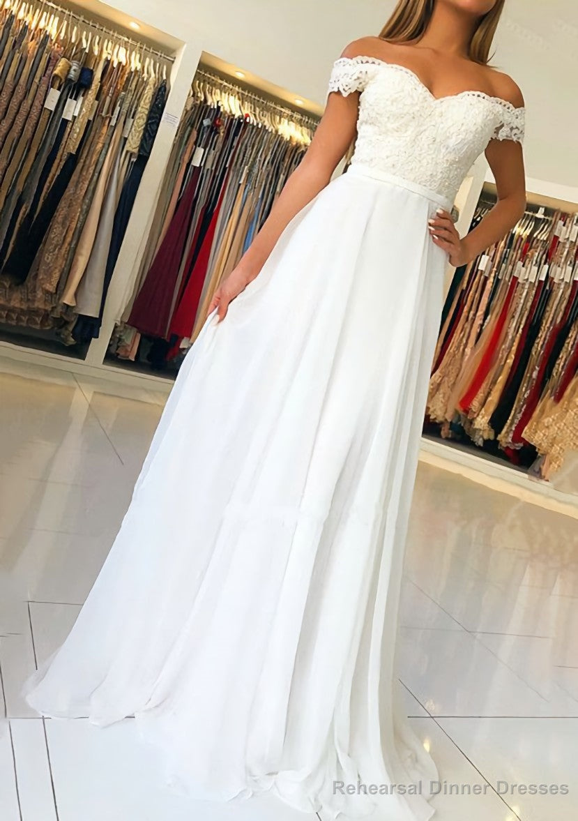 A-line/Princess Off-the-Shoulder Short Sleeve Sweep Train Chiffon Prom Dresses With Beading Appliqued Main image