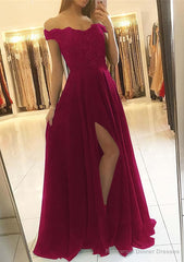 A-line/Princess Off-the-Shoulder Sleeveless Long/Floor-Length Chiffon Prom Dresses With Beading Split