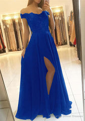 A-line/Princess Off-the-Shoulder Sleeveless Long/Floor-Length Chiffon Prom Dresses With Beading Split