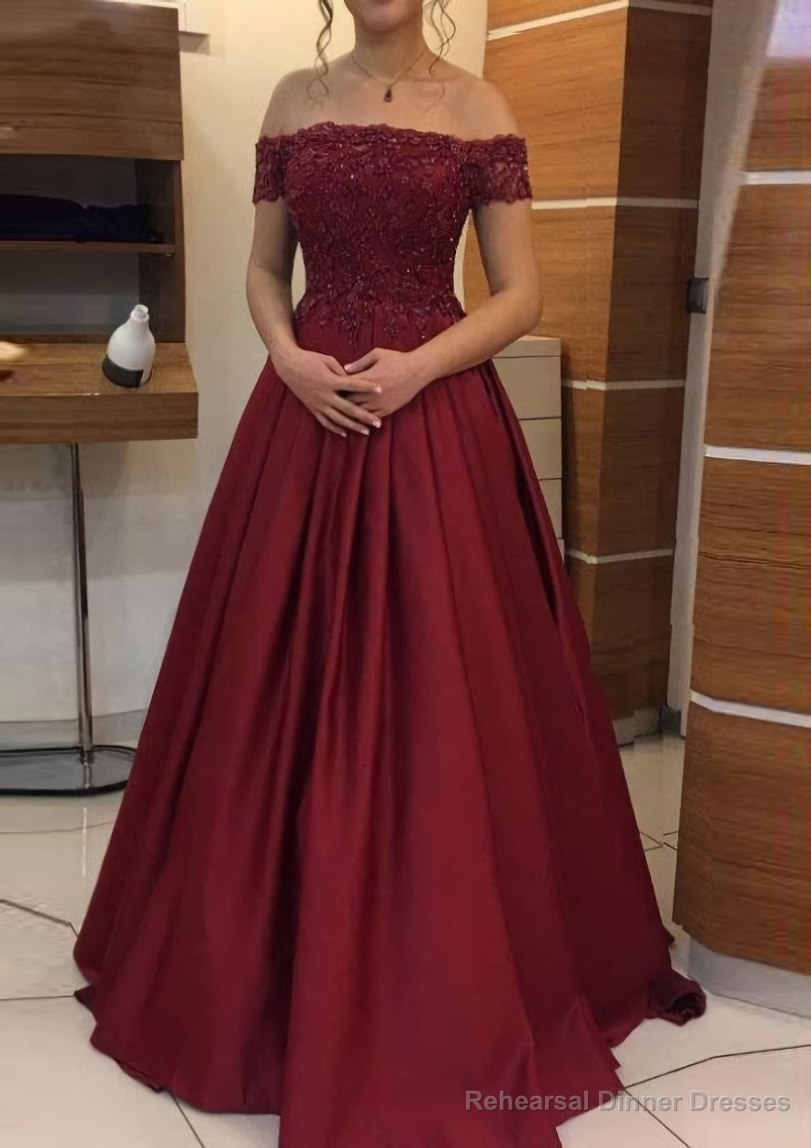 A-line/Princess Off-the-Shoulder Sleeveless Long/Floor-Length Elastic Satin Prom Dresses With Lace Pleated Main image
