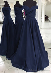 A-line/Princess Off-the-Shoulder Sleeveless Sweep Train Satin Prom Dresses