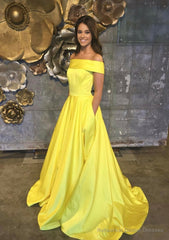 A-line/Princess Off-the-Shoulder Sleeveless Sweep Train Satin Prom Dresses With Low Back