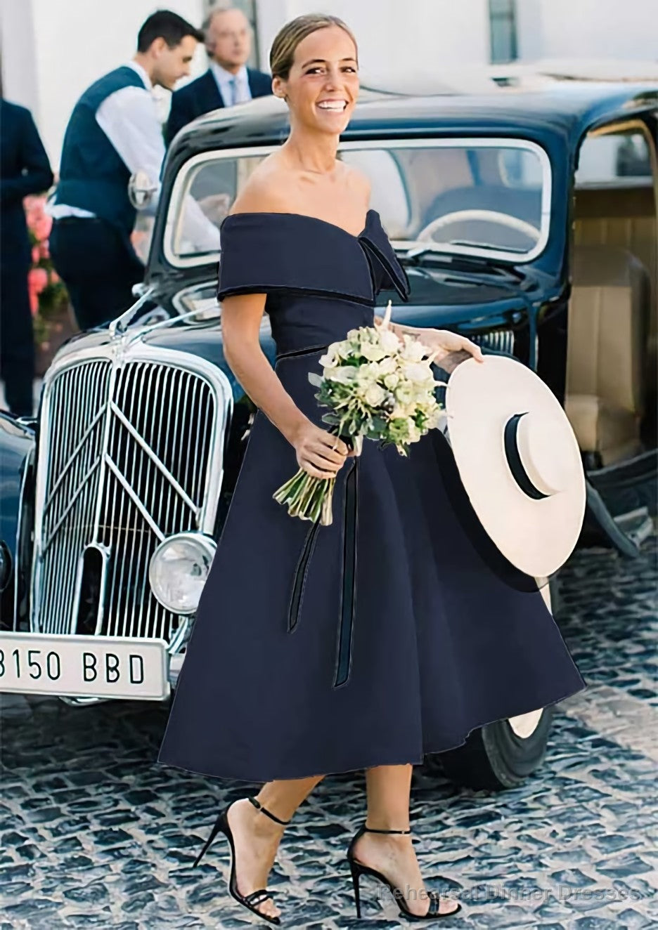 A-line/Princess Off-the-Shoulder Sleeveless Tea-Length Satin Bridesmaid Dresses With Low Back Secondary image