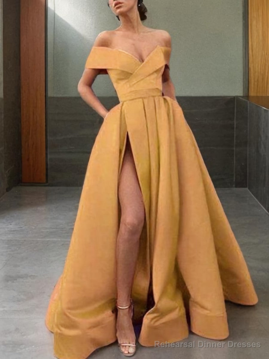 A-Line/Princess Off-the-Shoulder Sweep Train Satin Prom Dresses With Leg Slit Main image