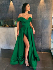 A-Line/Princess Off-the-Shoulder Sweep Train Satin Prom Dresses With Leg Slit