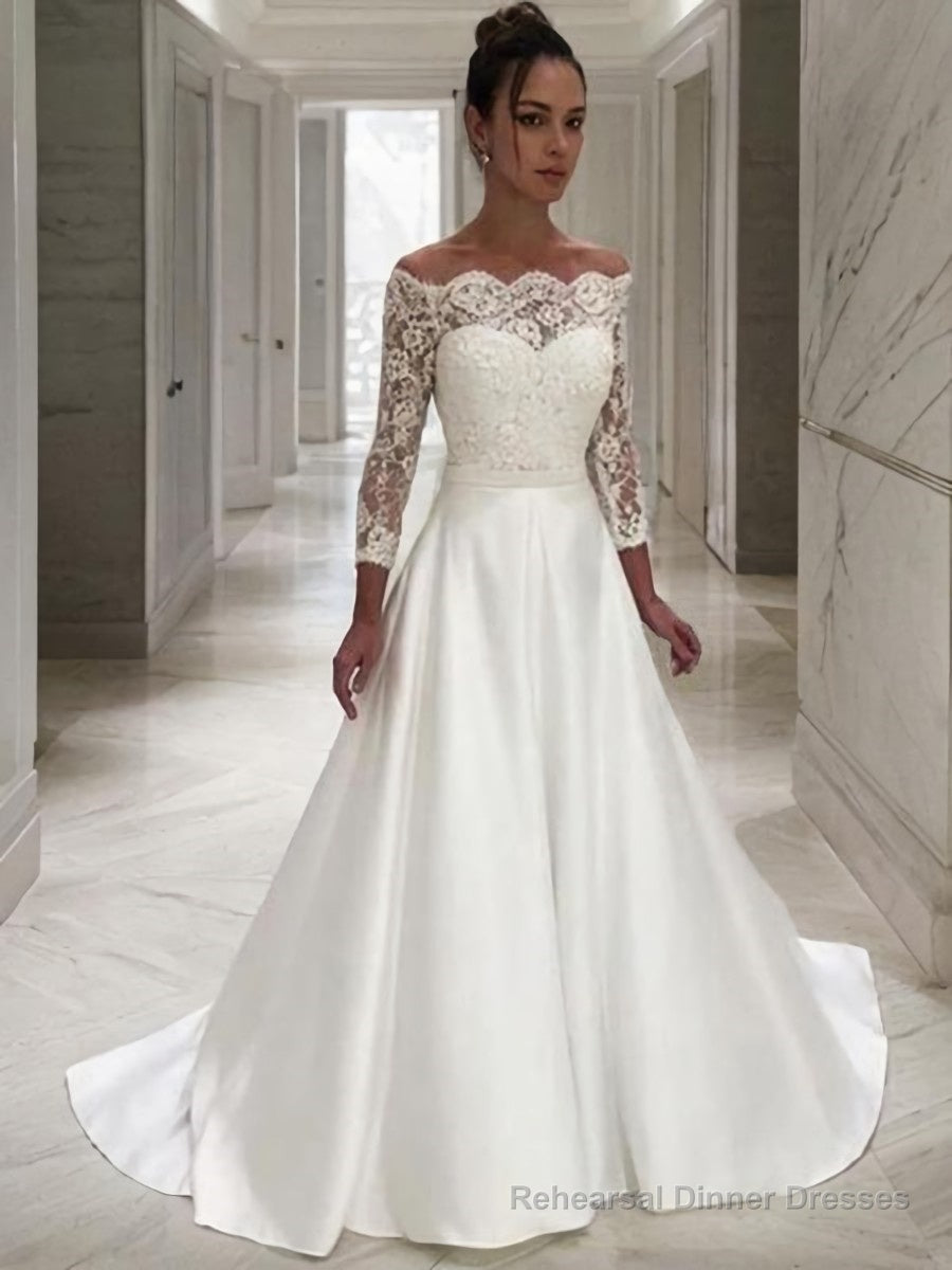 A-Line/Princess Off-the-Shoulder Sweep Train Satin Wedding Dresses With Belt/Sash Main image
